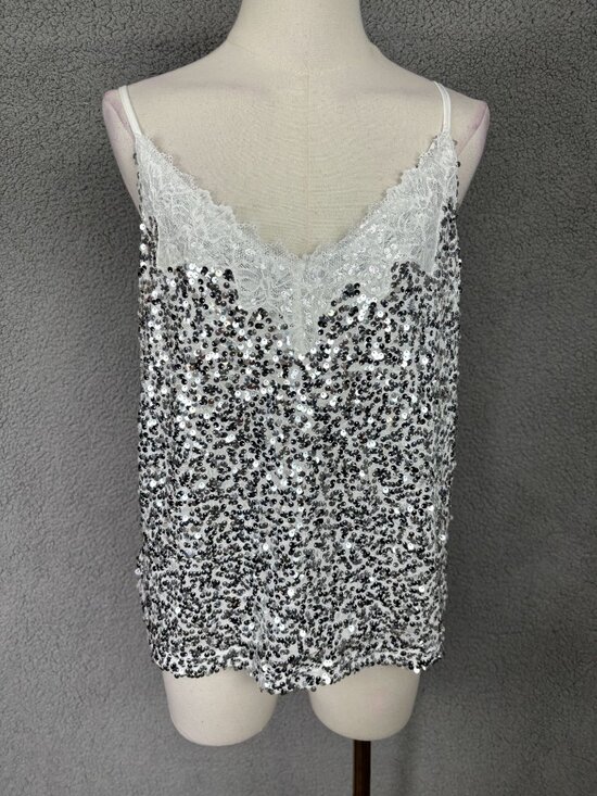 Miyieonz Tops - Miyieonz  Women's Sequin Lace  V -Neck Tank Top  White & Silver Size Med NWT's.